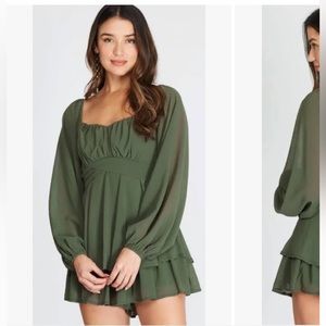 Olive Ruffle Romper, Sheer Sleeve